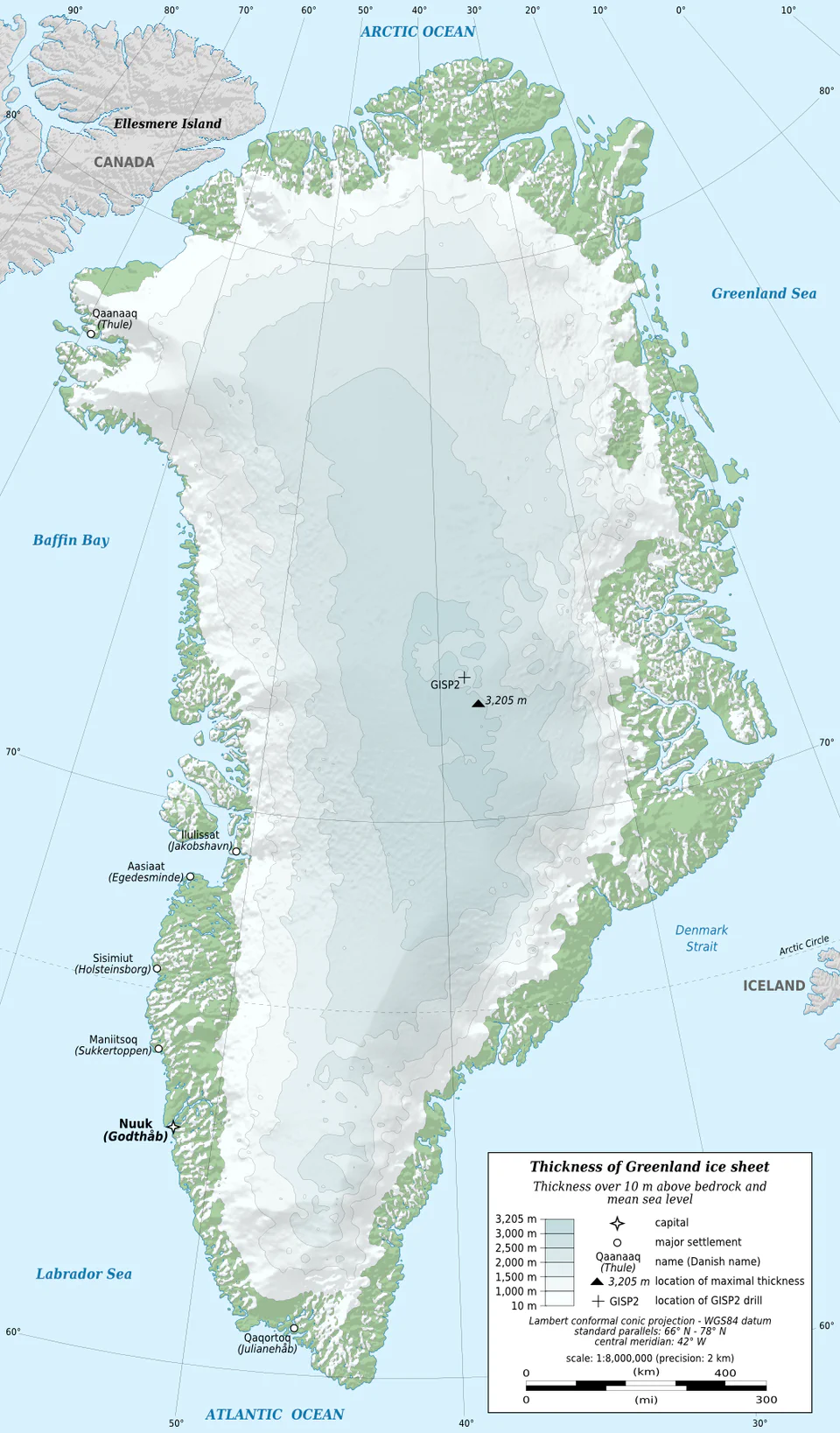 Map of Greenland, largely covered by ice