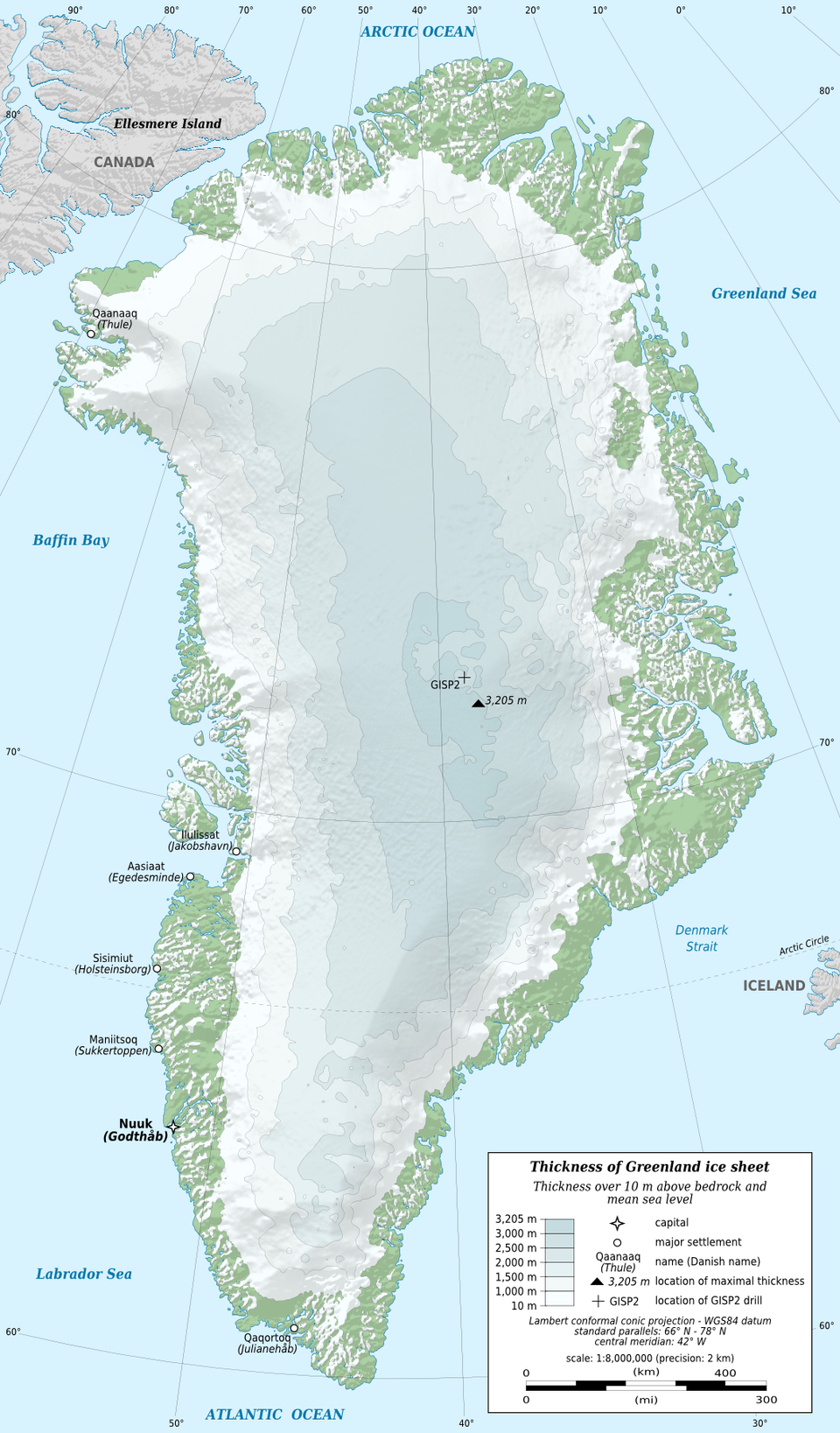 Map of Greenland, largely covered by ice