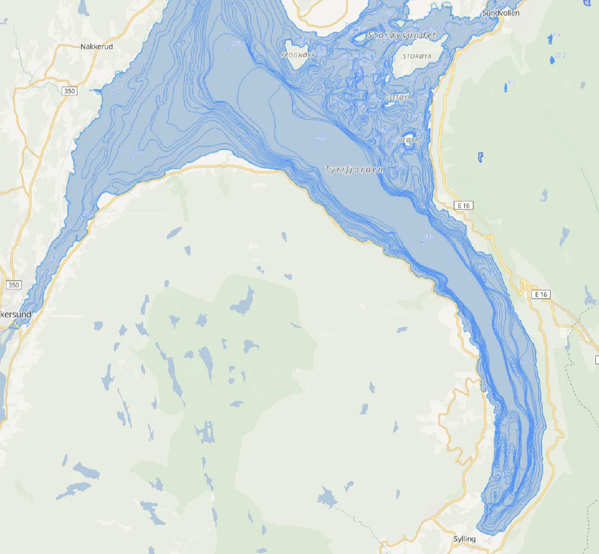 Tyrifjorden - showing bathymetric lines from a sounding. Can easily be associated with Liesegang rings from rock formations